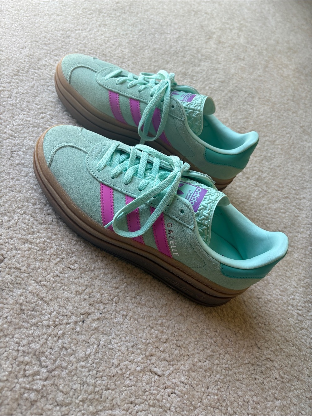 adidas Women's Mint Green Suede Sneakers with Pink Stripes- Gazelle - Picture 4 of 9